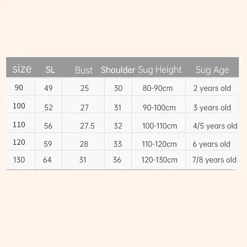 Size chart for cute summer dresses for girls, showing measurements for ages 2 to 7/8 years.