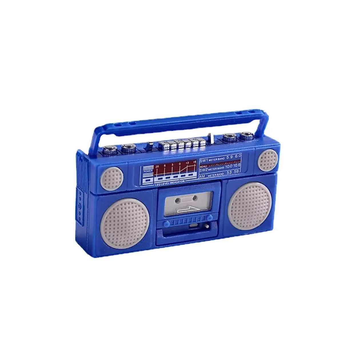 Blue retro boombox cassette player with adjustable handle and speaker grills, ideal for nostalgic music lovers.