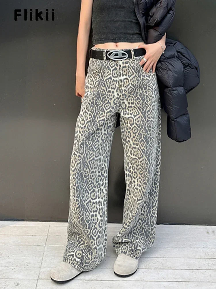 Leopard Print Retro Baggy Denim Pants