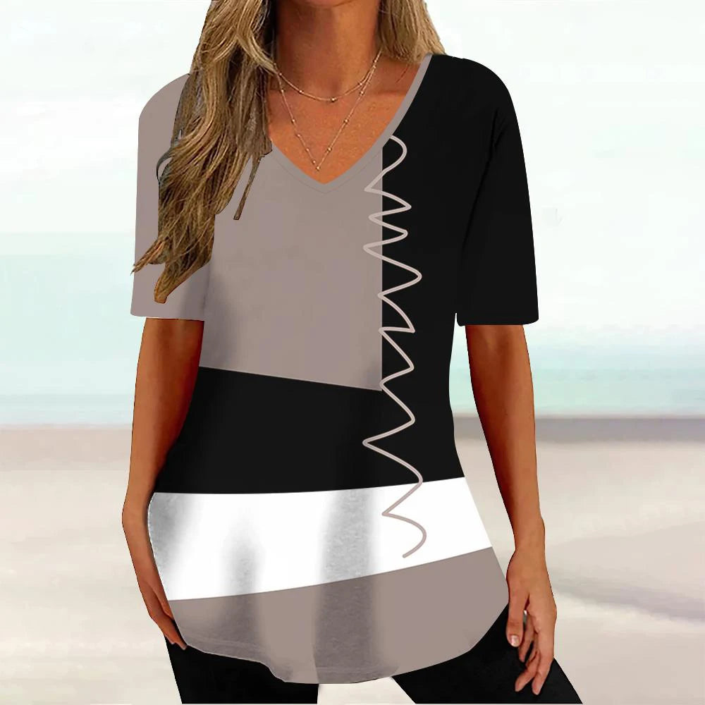 Women 3D Print V-Neck Tee