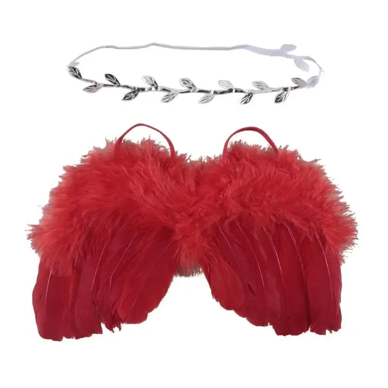 Red baby angel wings with headband for newborn photography props, ideal for unisex photo shoots.