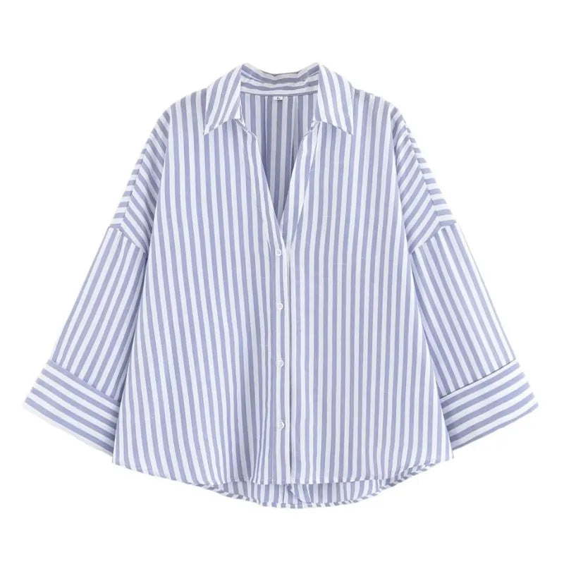 AsymLinen™ wide sleeve linen shirt in blue and white stripes, featuring a loose fit and asymmetric button down design.