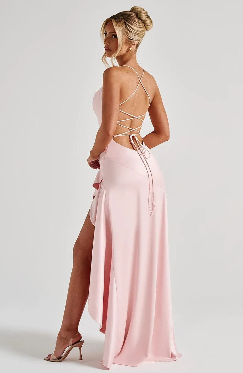 Women's Satin Lace-Up Maxi Dress