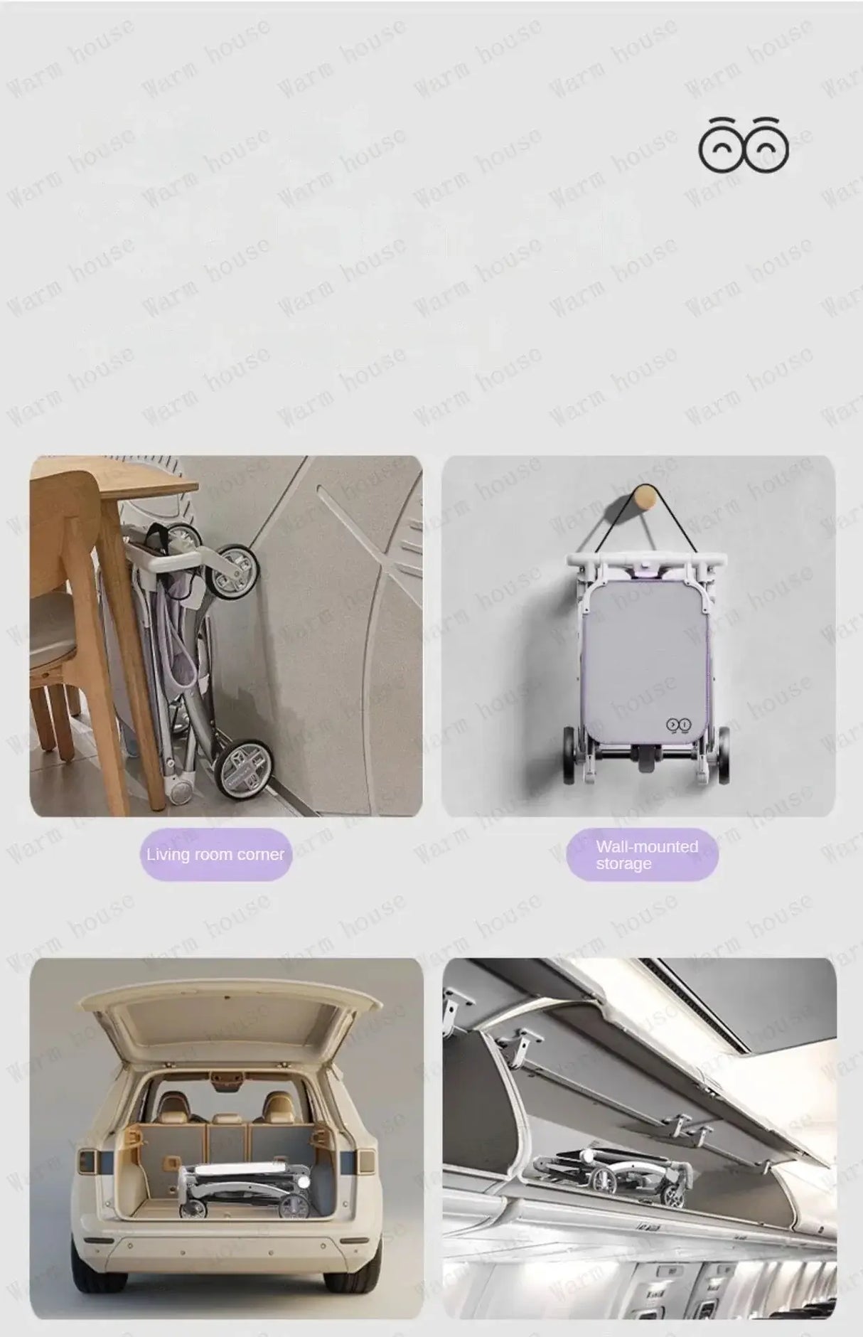 Collage of a foldable lightweight children's stroller in various storage scenarios, highlighting convenience and portability.