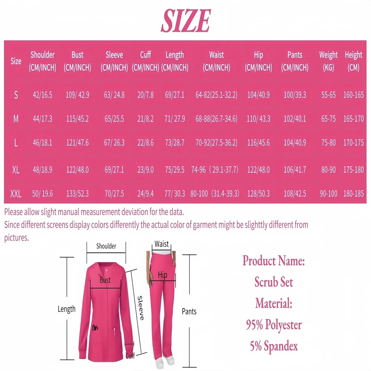 Size chart for women’s jogging style surgery scrubs, showing measurements for small to XXL in pink.