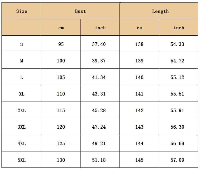 Size chart for African Plus Size Printed Long Maxi Dress showing bust and length measurements in cm and inches.