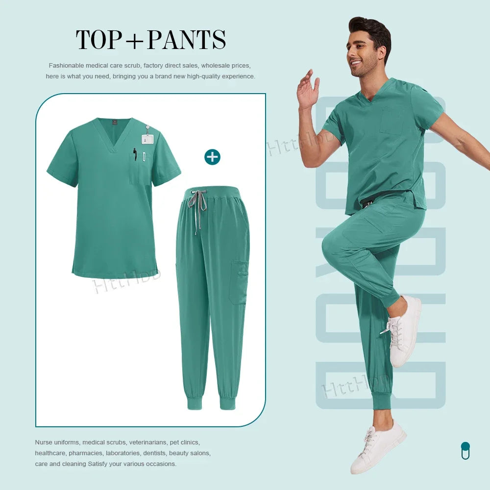 Unisex nurse surgical scrub suit jogger set in teal, featuring breathable fabric and pockets, ideal for medical and laboratory use.