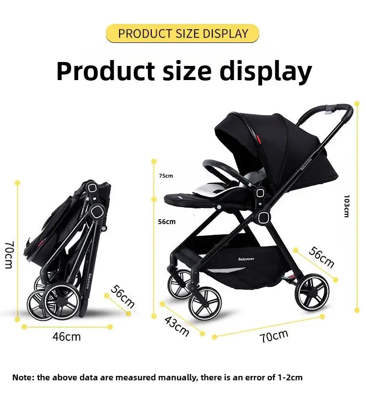 Highview Baby Stroller size display showing dimensions: 70cm height, 56cm width, and 46cm folded size for easy transport.