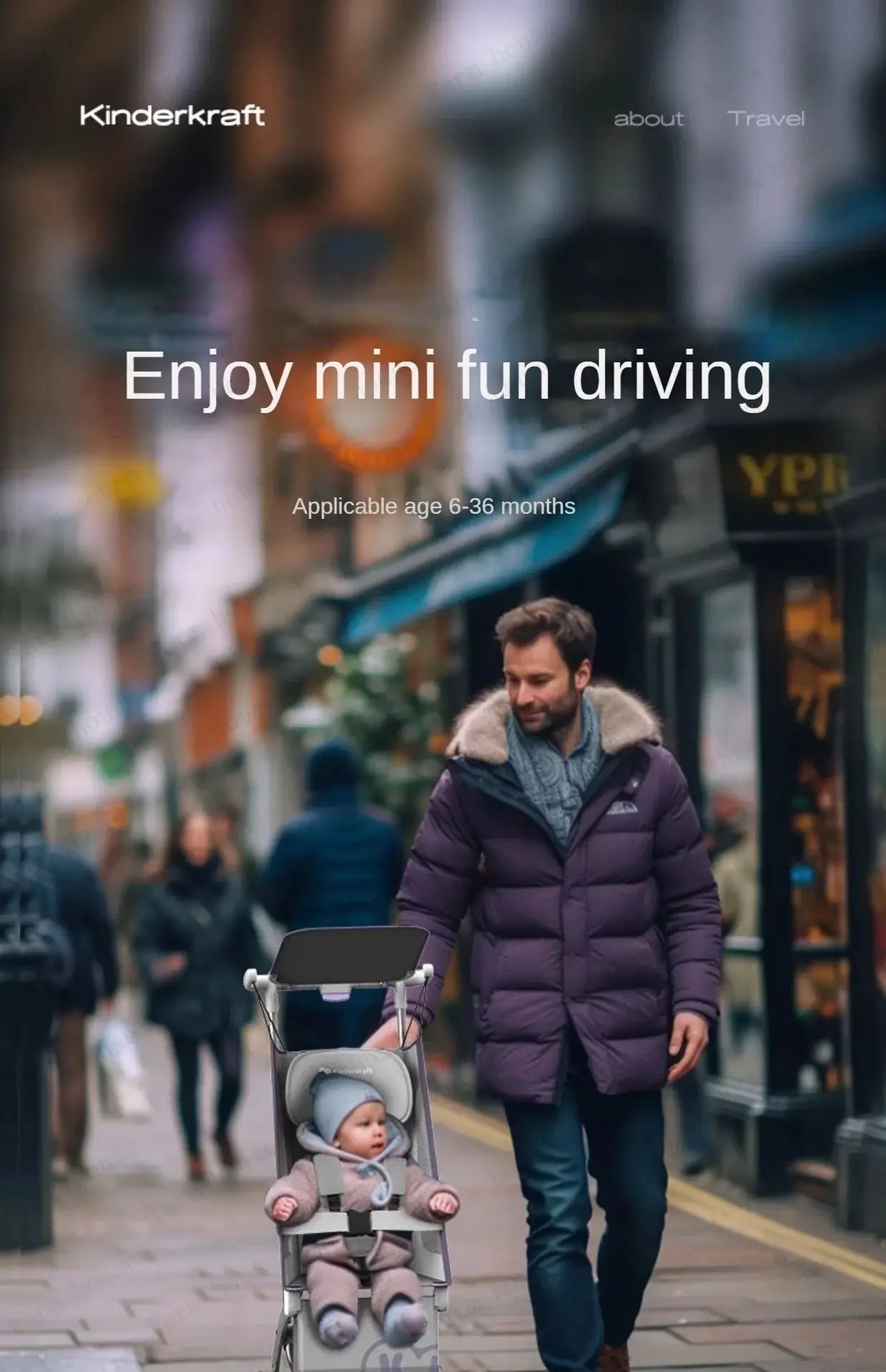 Father pushing lightweight stroller with baby in urban setting, ideal for ages 6-36 months.