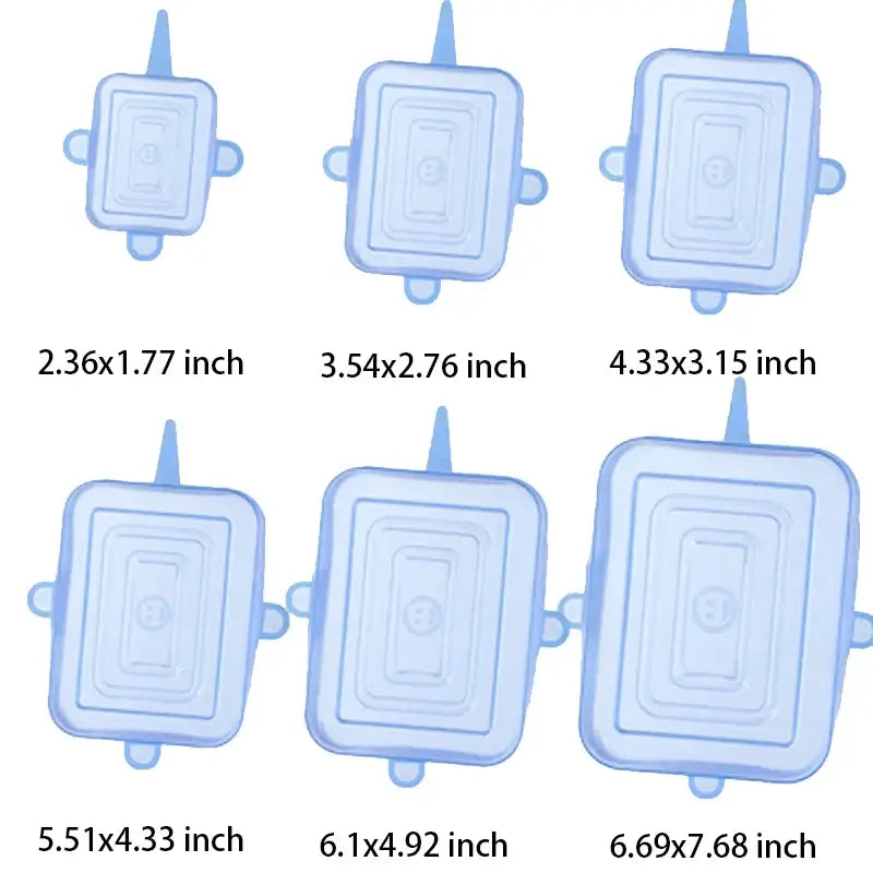 6 Pcs silicone stretch lids in various sizes for kitchen and microwave use, featuring dimensions for versatile food storage.