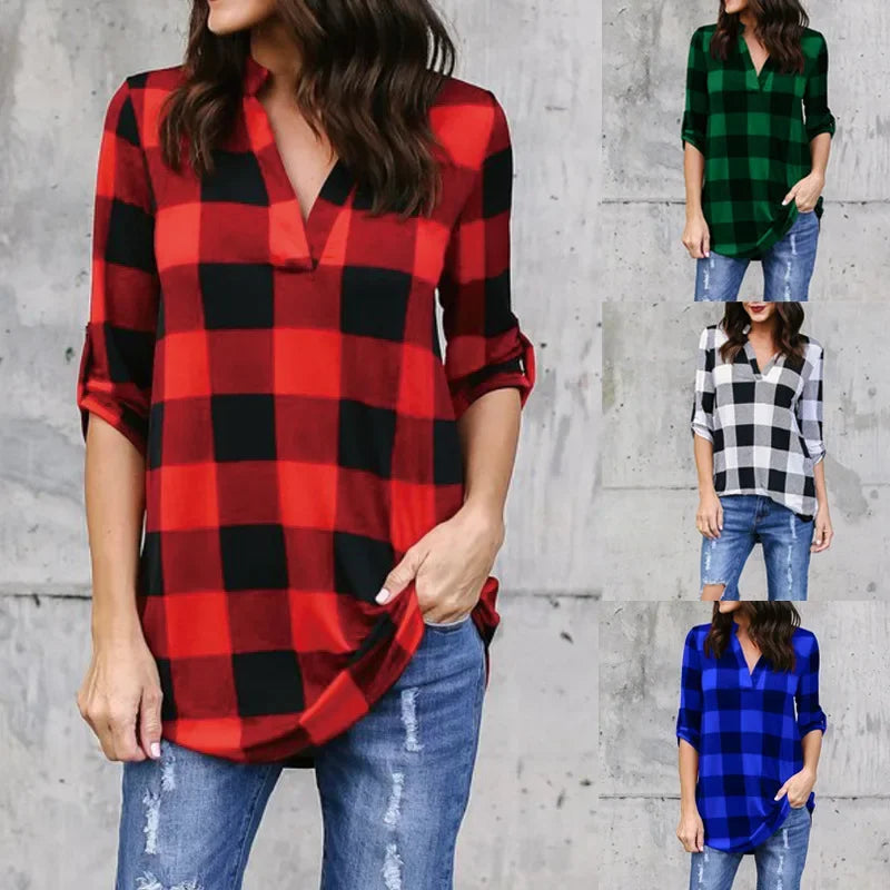 PlaidVibe™ V-neck summer t-shirt in red, green, black, and blue checkered patterns, showcasing lightweight casual style for women.