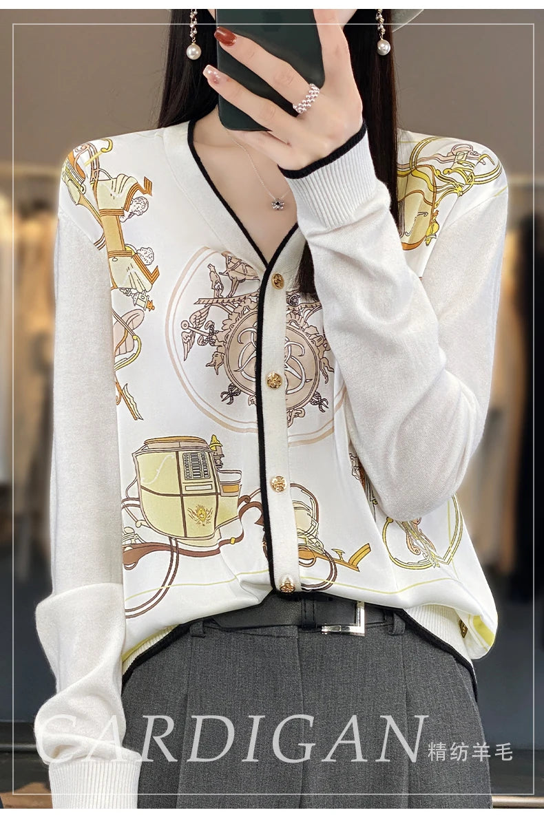 Women's Printed Stitching Wool Cardigan