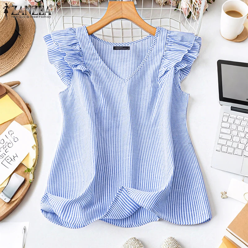 بلوزة نسائية مخططة بدون أكمام وفتحة رقبة على شكل حرف V