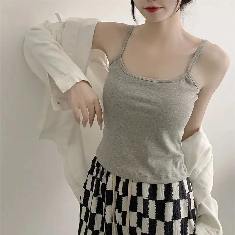 CottoForm™ padded cotton camisole in gray, slim fit design, perfect for summer, worn with patterned wide-leg pants.