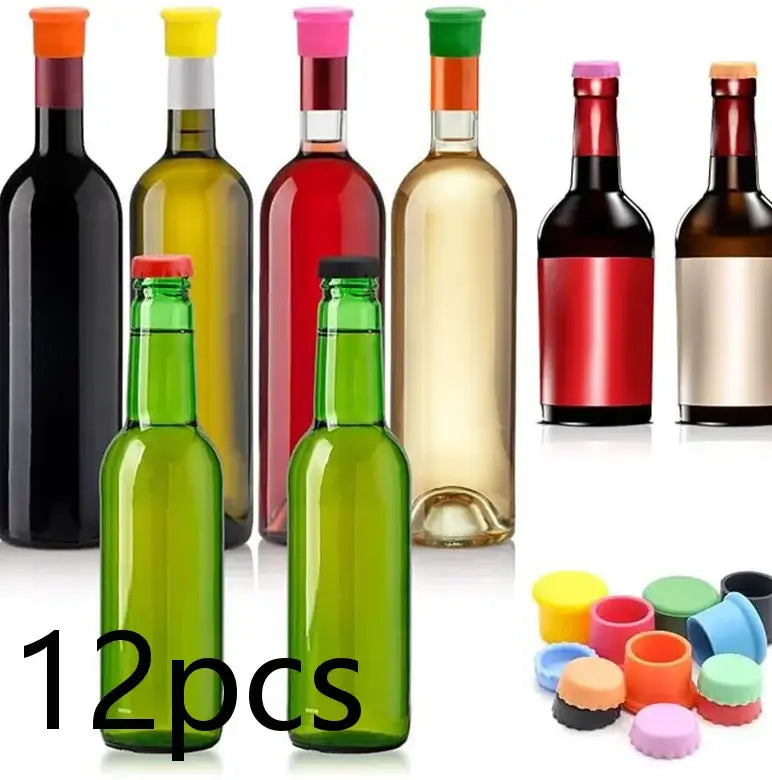 6pcs colorful silicone wine bottle caps, reusable and eco-friendly, perfect for sealing wine and beverage bottles.
