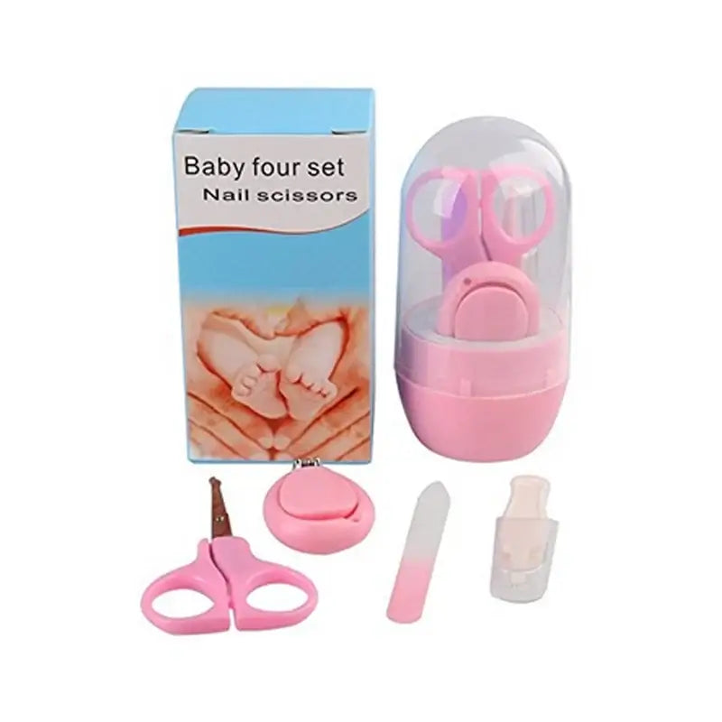 Newborn baby nail scissor set in pink packaging, includes scissors, nail clippers, and a file for safe grooming.