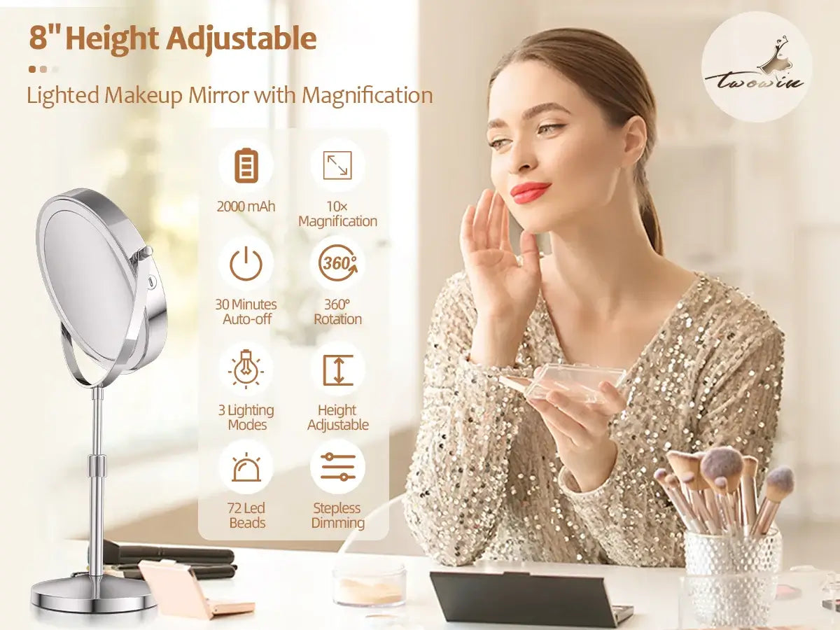8 inch adjustable lighted makeup mirror with 10x magnification, 360° rotation, and multiple lighting modes.