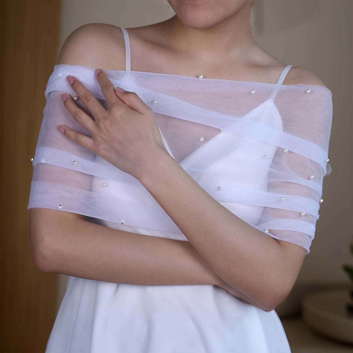 VG73 sheer wedding jacket with pearl embellishments, perfect for brides on special occasions, like weddings and anniversaries.