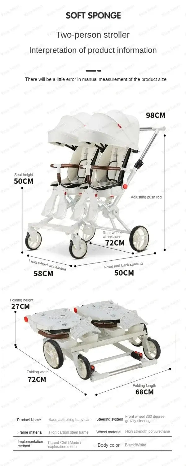 Twin stroller dimensions and specifications for two children, featuring a foldable design and soft sponge seating.