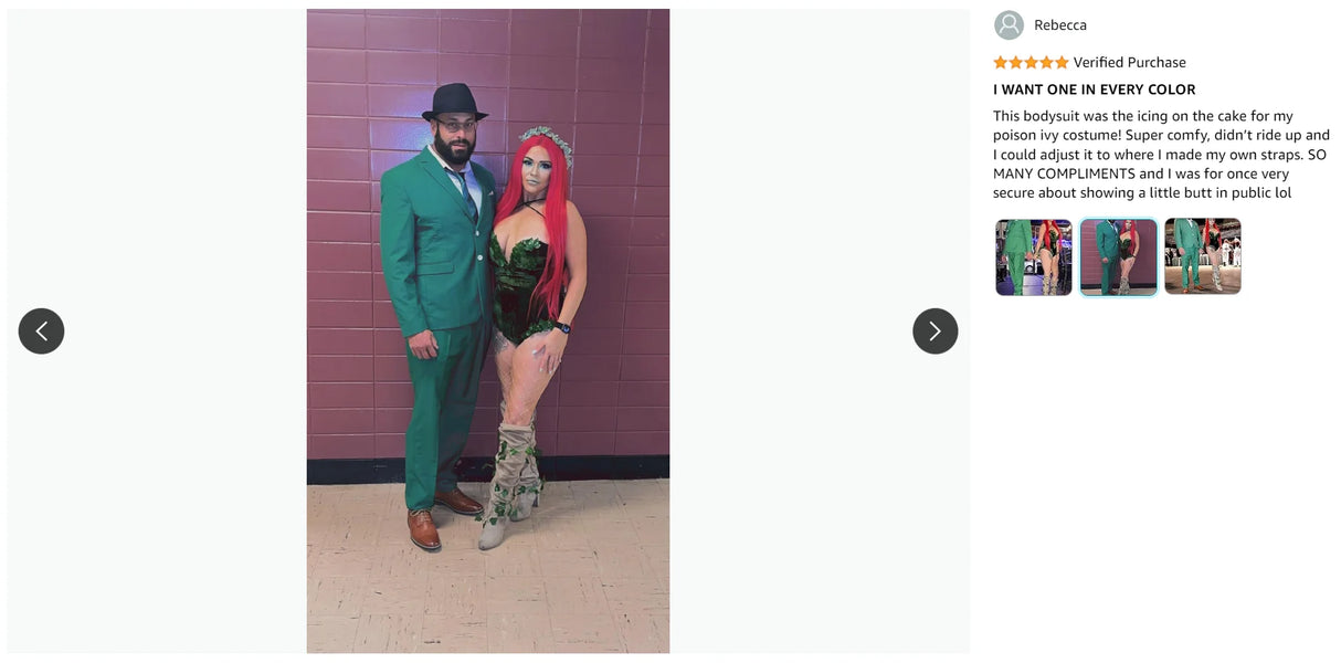 Couple posing in vibrant outfits, featuring a green suit and a figure-hugging bodysuit with striking hair and accessories.