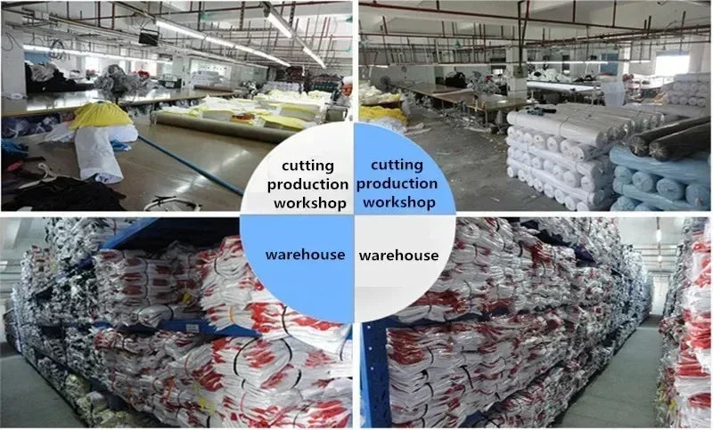 Image of a textile production facility showing cutting workshops and a warehouse, highlighting fabric rolls and organized spaces.