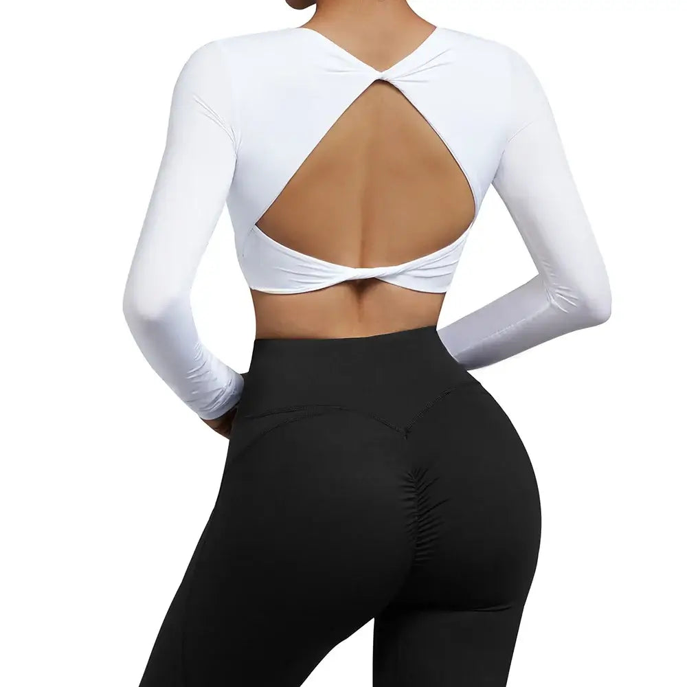 بلوزة يوغا نسائية مفتوحة الظهر بأكمام طويلة