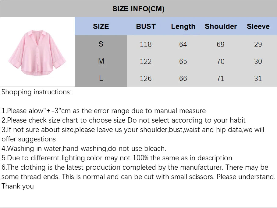 Size information chart for AsymLinen™ wide sleeve linen shirt in pink, detailing measurements and shopping instructions.