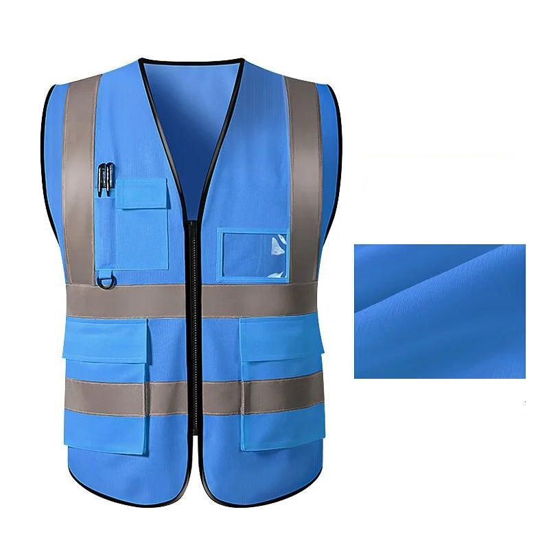 Unisex blue multi-pocket safety vest showcasing breathable, reflective workwear with utility pockets.