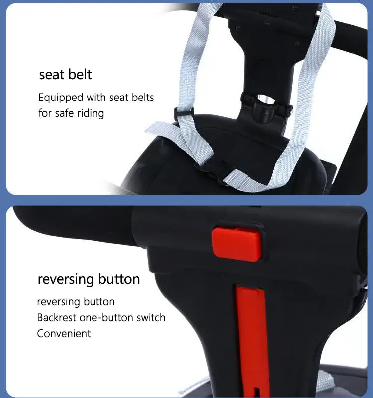 Close-up of light foldable baby stroller seat belt and reversing button for safe and convenient use.