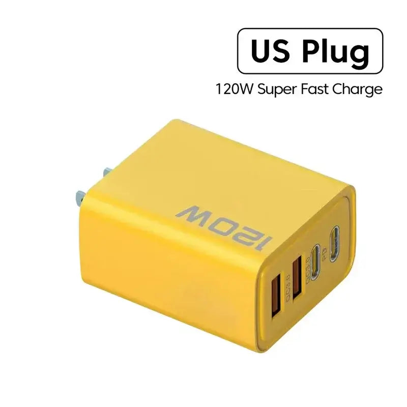 120W USB Type C fast charger in yellow, featuring US plug and multiple output ports for quick charging.