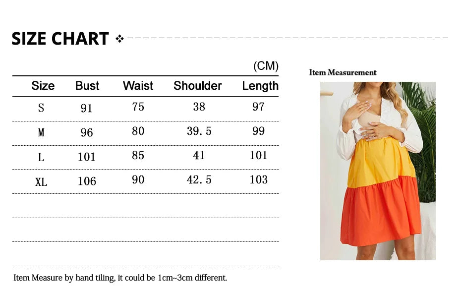 Size chart for V-Neck Color Contrast Maternity Dress, showing dimensions for sizes S to XL.
