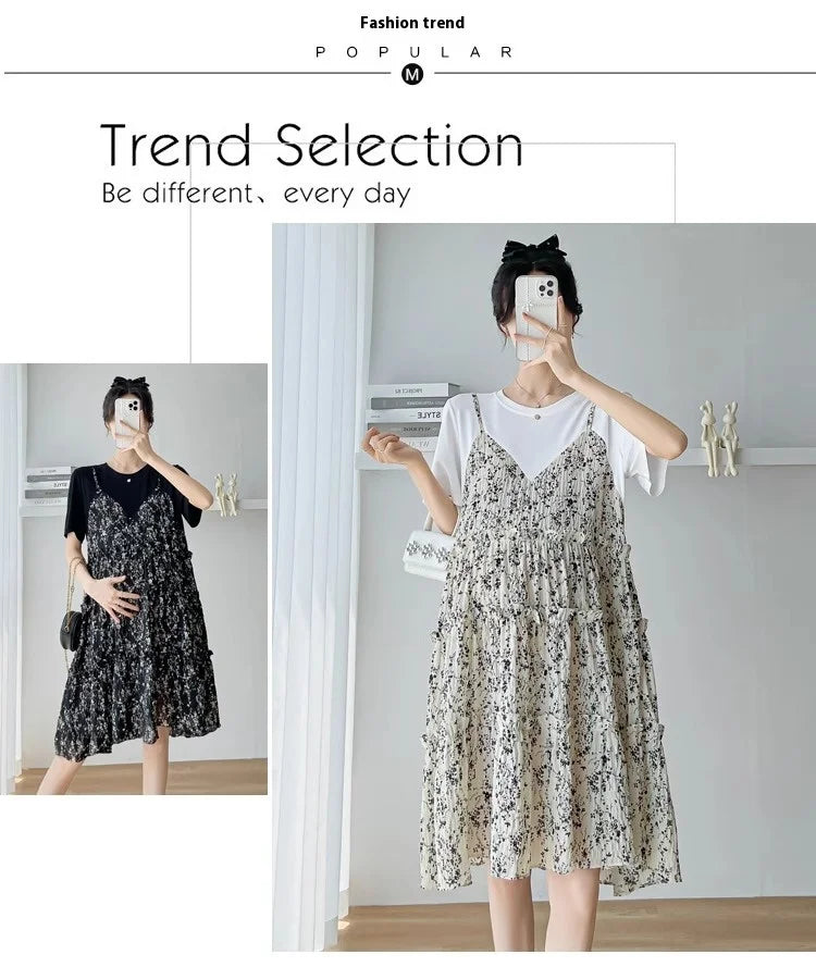 Maternity fashion featuring adjustable sleeveless dress in black and cream, perfect for summer styling.