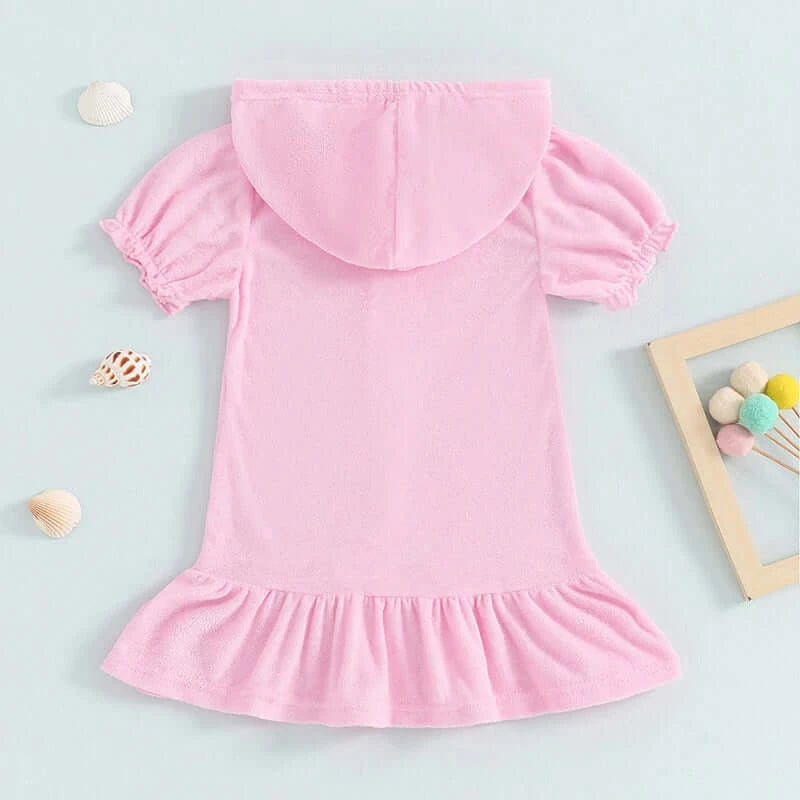 Toddler girls short sleeve hooded dress in pink with ruffled hem, perfect for ages 1-3Y, made from soft polyester.