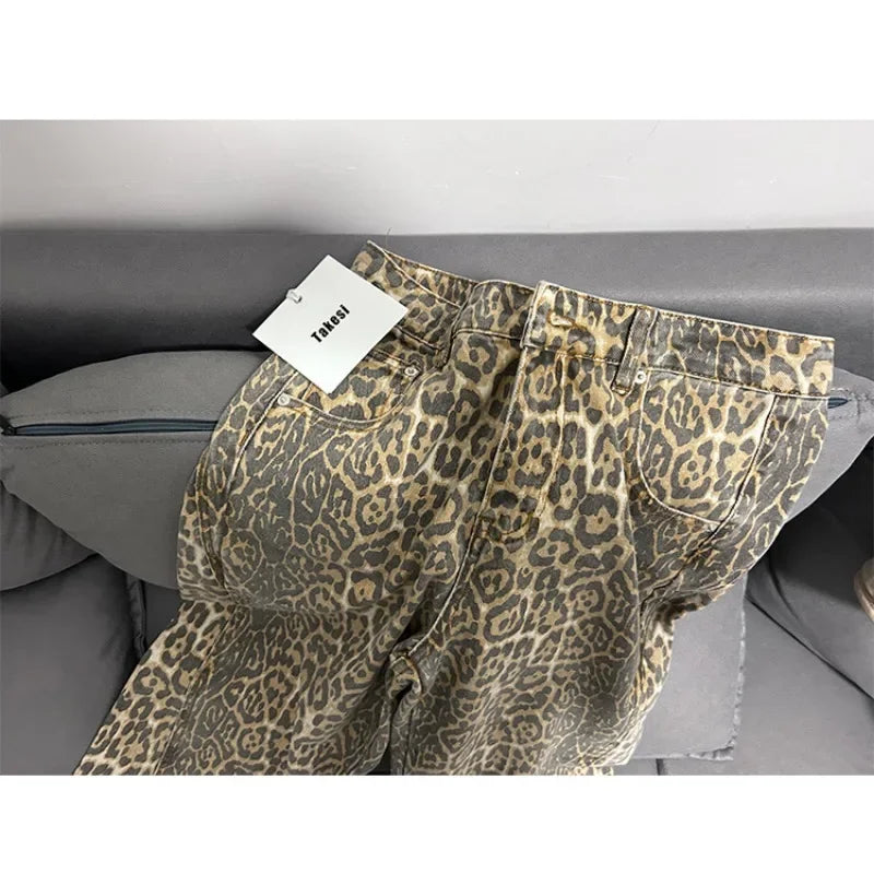 Leopard Print Retro Baggy Denim Pants