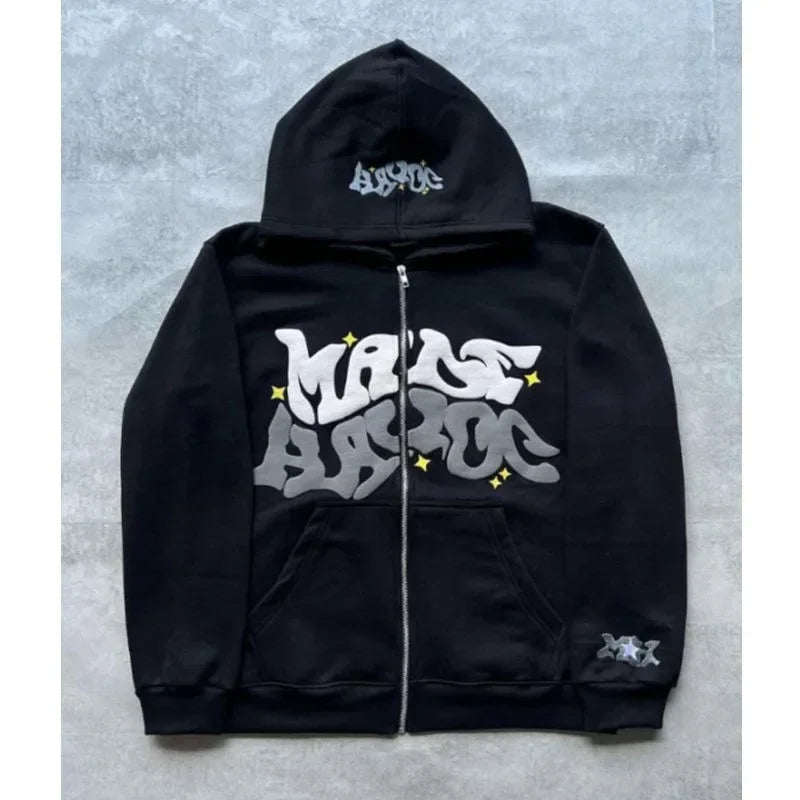 Unisex Retro Letter Zip Hoodie