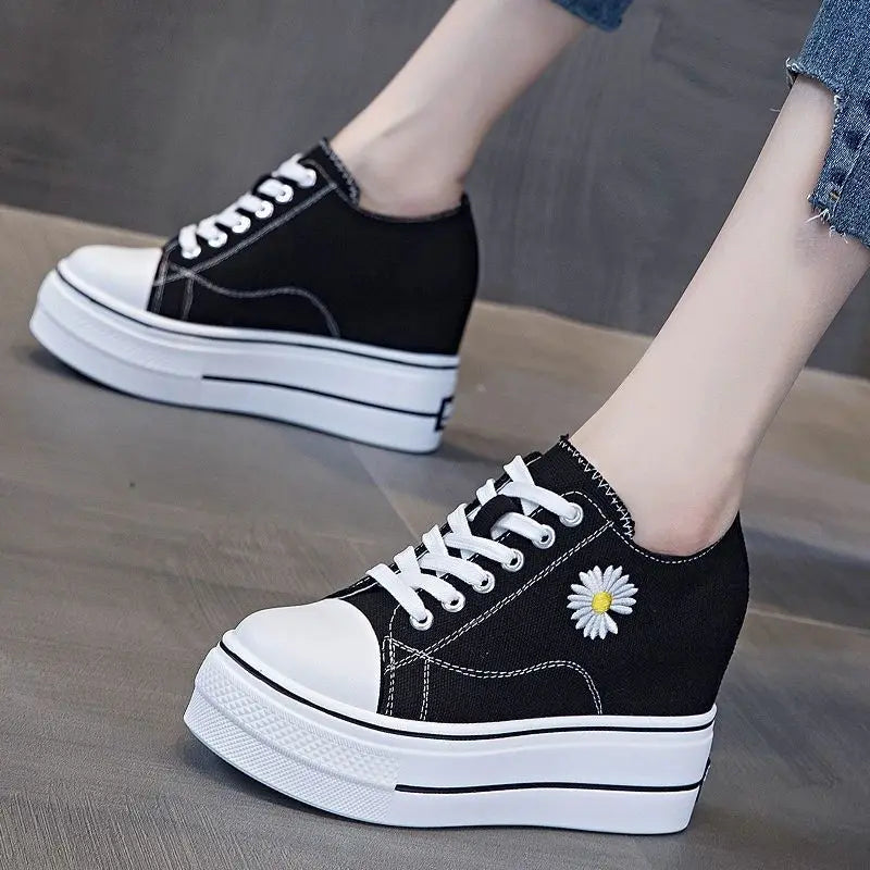 Women Canvas Shoes Black Platform Sneakers