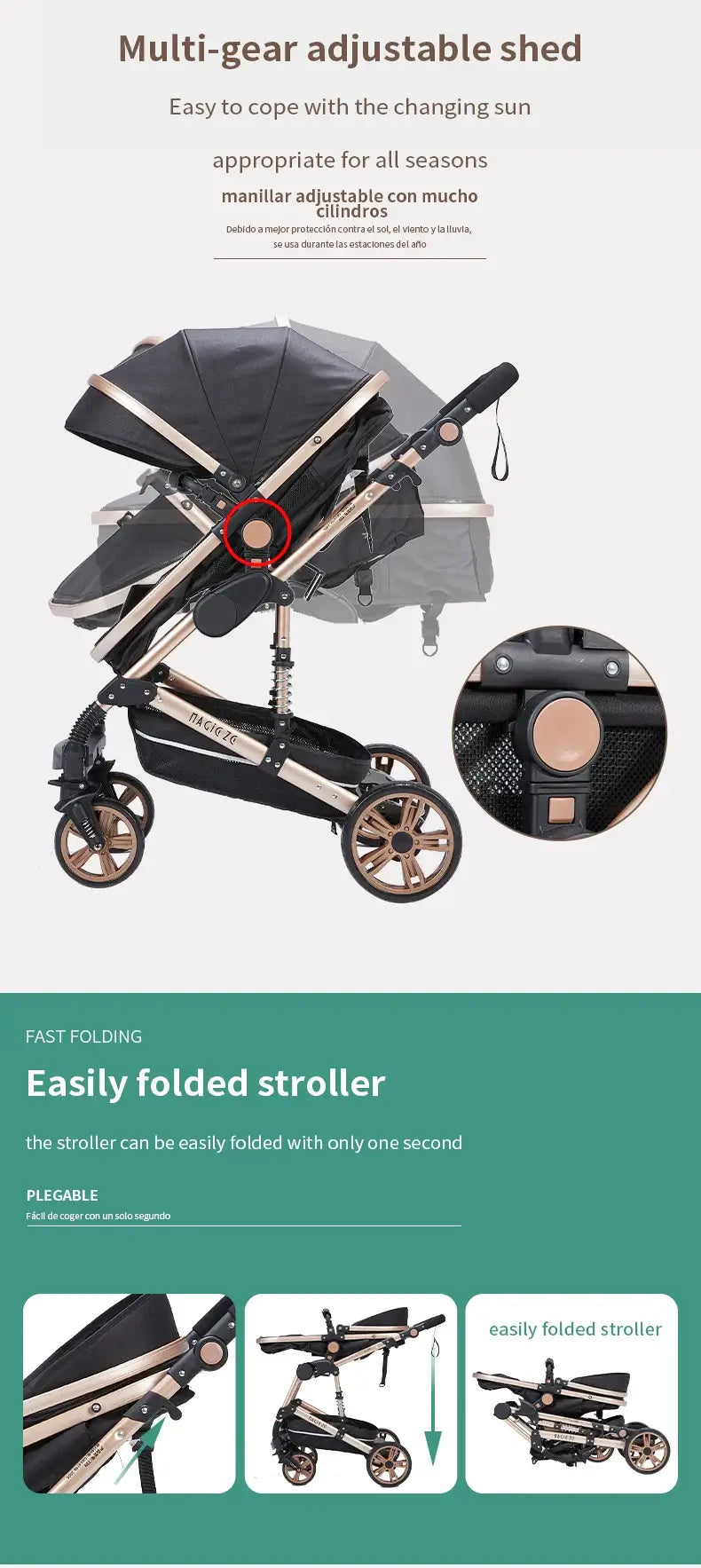 3 in 1 baby stroller with multi-gear adjustable canopy and easy folding feature for infants age 0-3 years