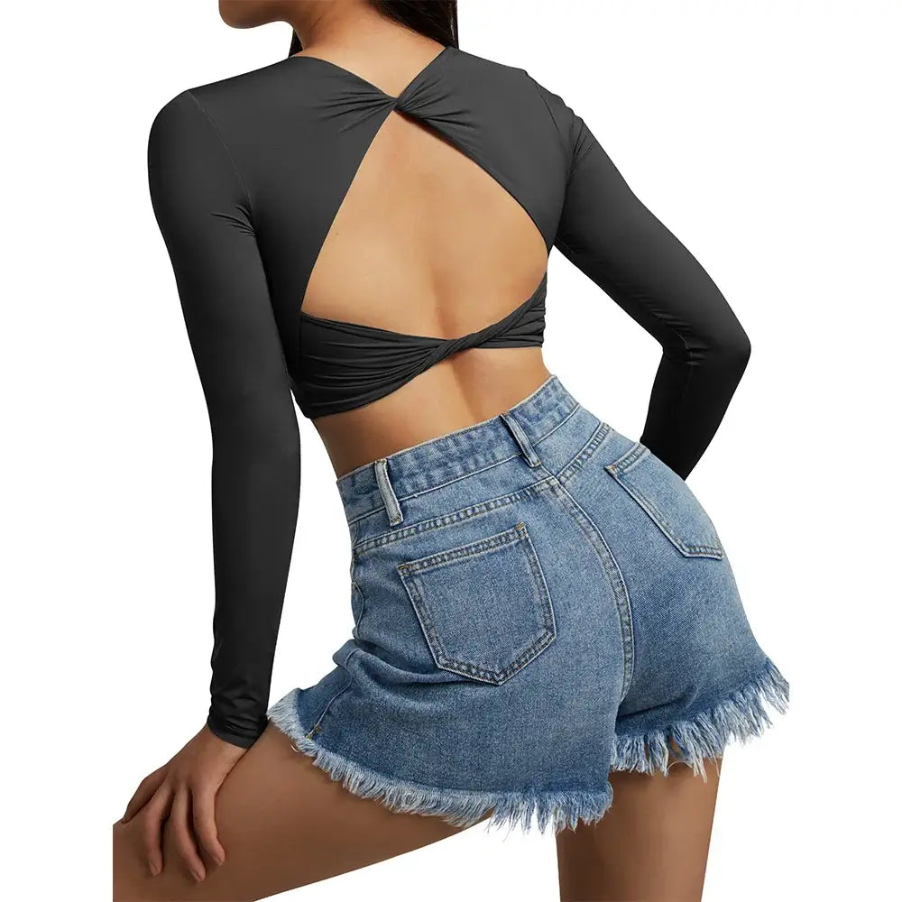 بلوزة يوغا نسائية مفتوحة الظهر بأكمام طويلة