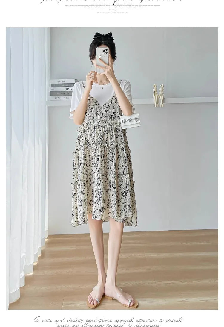 Elegant mesh floral maternity dress perfect for baby showers, featuring a knee-length silhouette and natural color.