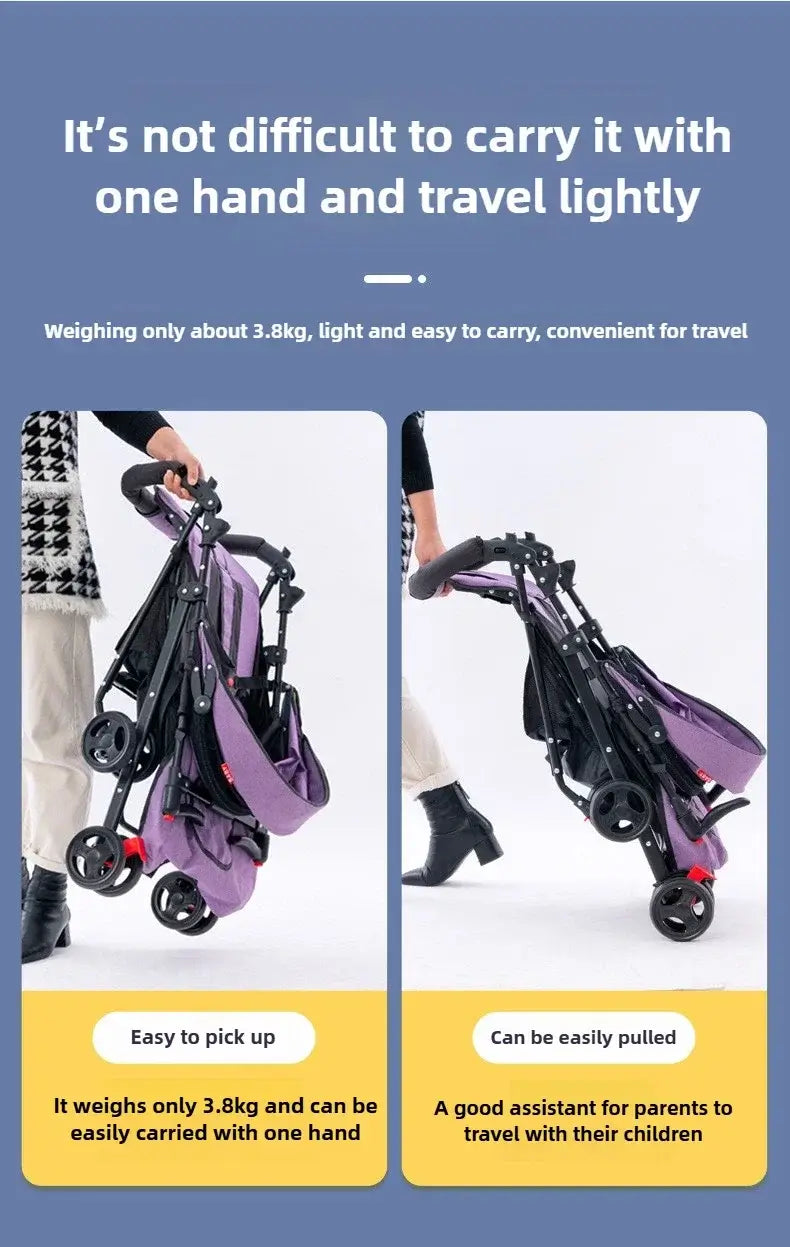 Lightweight baby stroller weighing 3.8kg, designed for easy one-handed carrying and convenient travel.