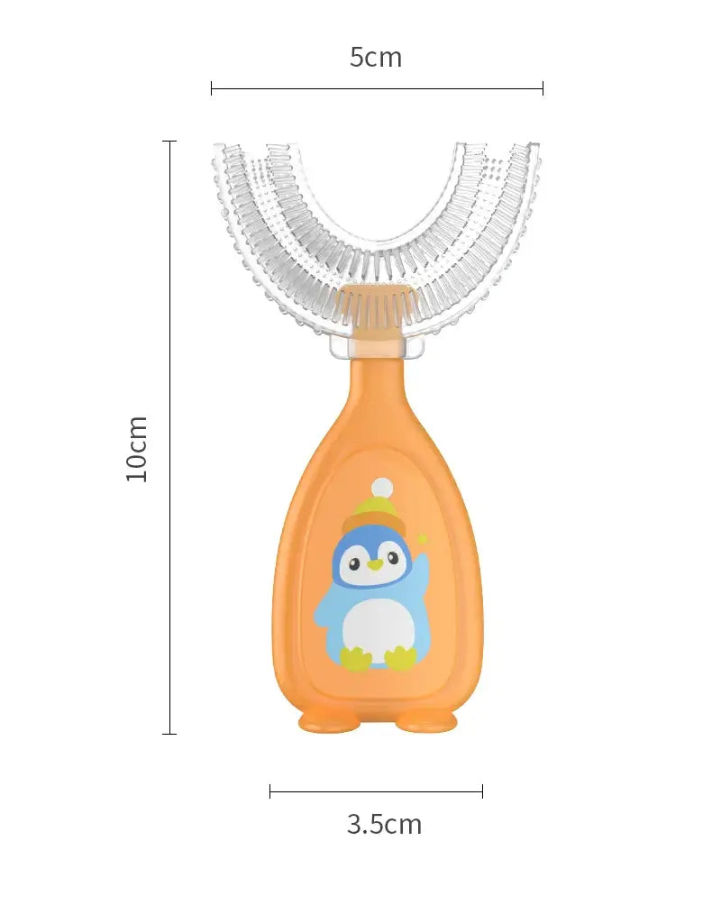 Baby toothbrush in orange with a cute penguin design and U-shape brush head for effective cleaning.