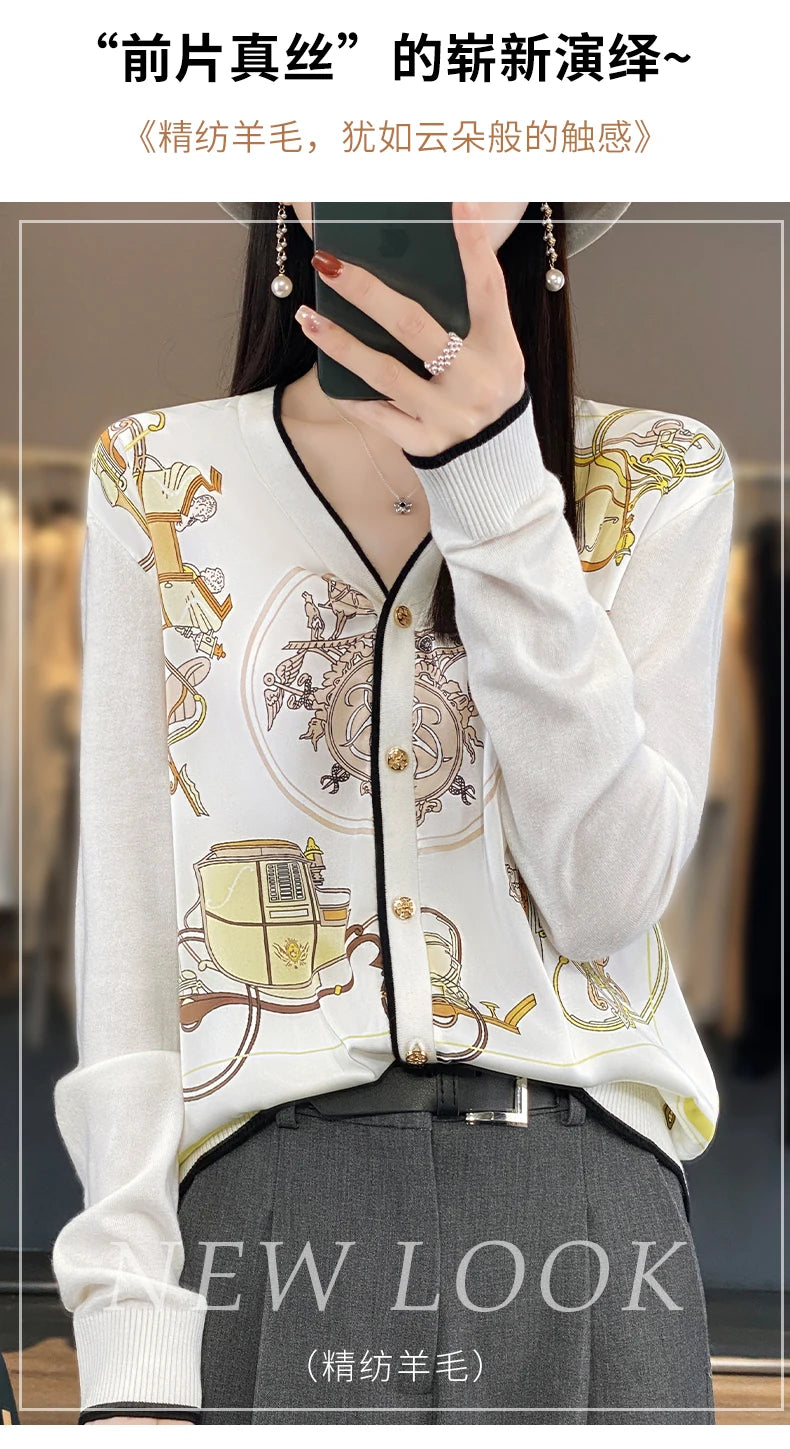 Women's Printed Stitching Wool Cardigan