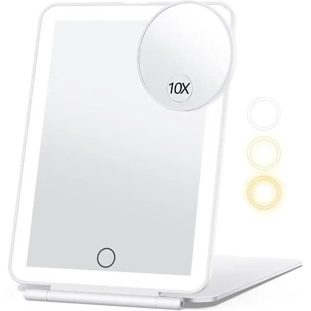 LED foldable travel makeup mirror with 10X magnification and adjustable lighting, USB rechargeable design.