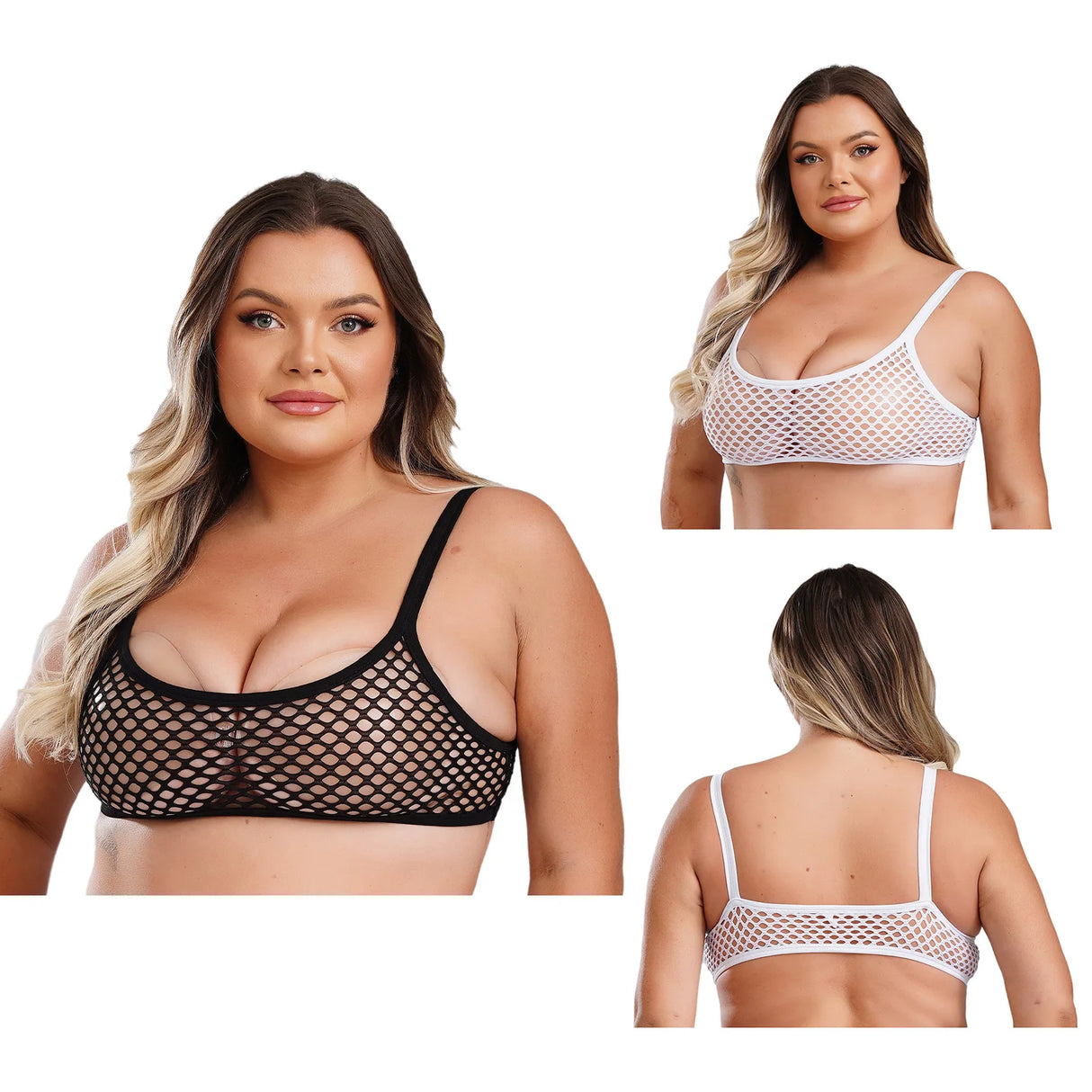 SheerCurvz™ Plus Size Fishnet Camisole in black and white, showcasing spaghetti strap design and see-through style.