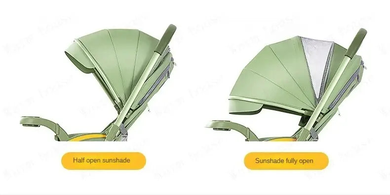 Bi-directional baby stroller with half open and fully open sunshade options in light green color.