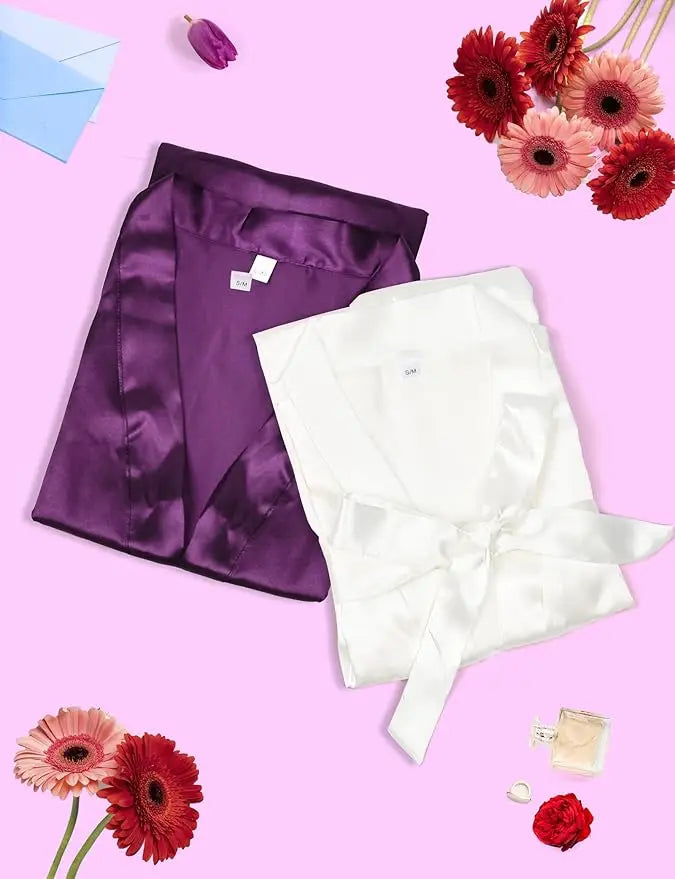 7-piece satin bride robe set featuring purple and white kimonos, perfect for bridal party and summer occasions.