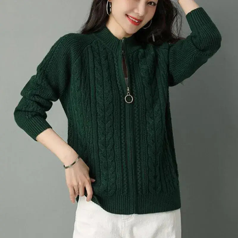 Women Zipper High Collar Knit Cardigan