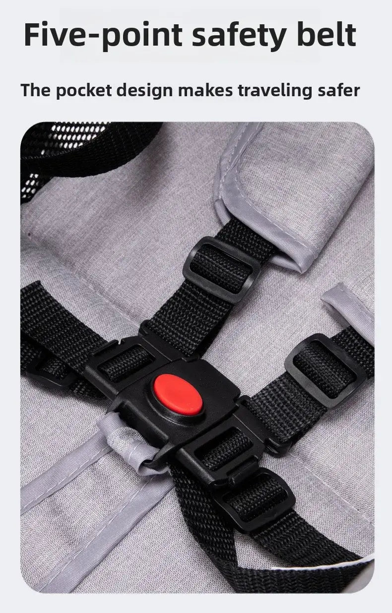 Close-up of a five-point safety belt for a stroller, featuring a secure pocket design for safe travel.