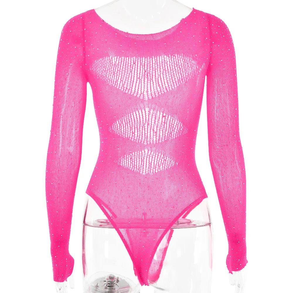 Women's Knitted Rhinestone Long Sleeve Bodysuit – Sexy Y2K Outfit