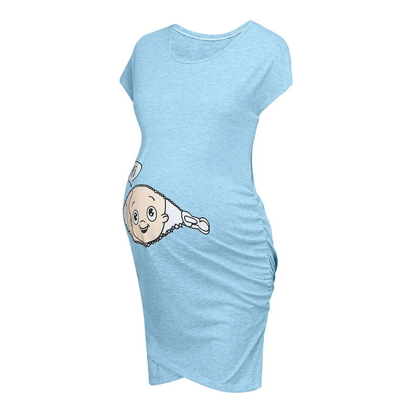 Light blue loose casual maternity dress with cartoon print, perfect for plus-size summer wear.